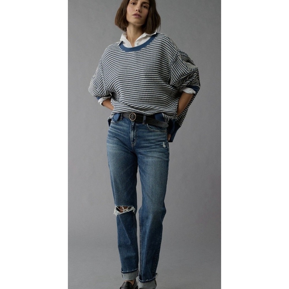 American Eagle Outfitters Navy and White Striped Long Sleeve Tee